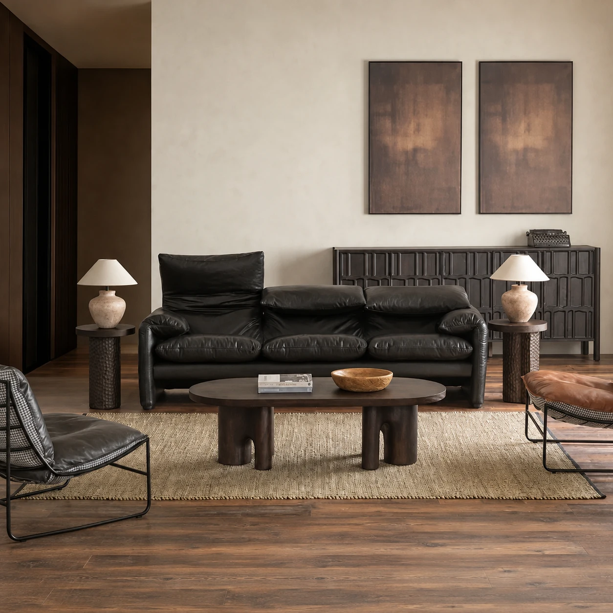 Black leather Maru sofa with Kake lounge chairs and a Mon Zataku low table