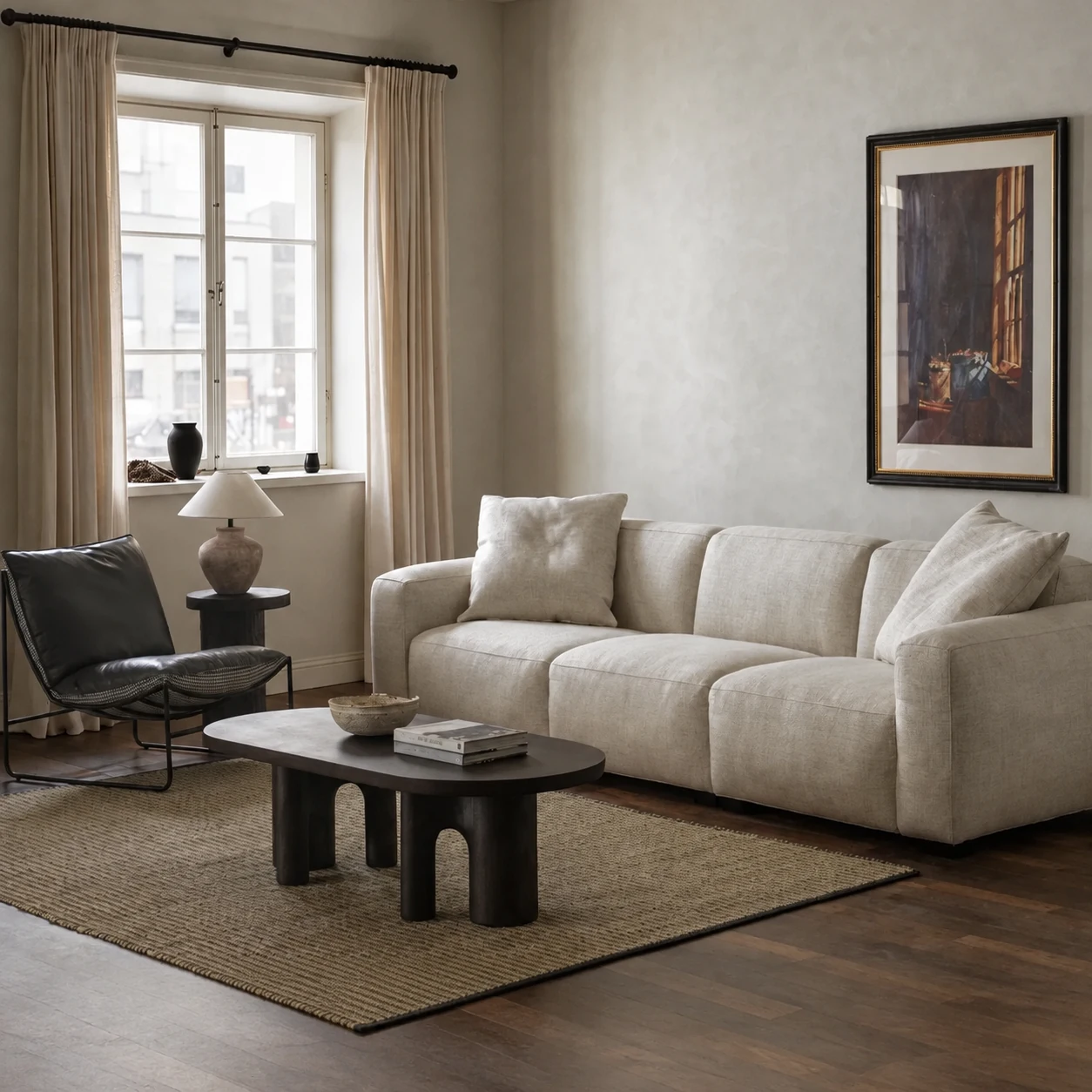 Warm neutral living room with the cream Kaku sofa, Kake lounge chair and dark Mon Zataku low table